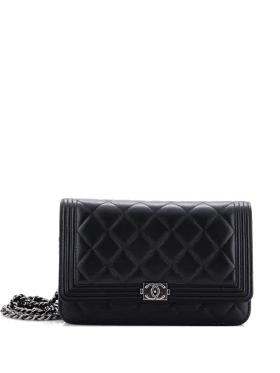 Pre-owned Chanel Boy Wallet On Chain Quilted Lambskin Crossbody Bag In Black