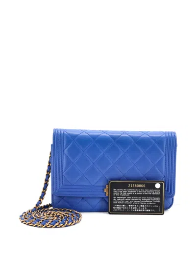 Pre-owned Chanel Boy Wallet On Chain Quilted Lambskin Crossbody Bag In Blue