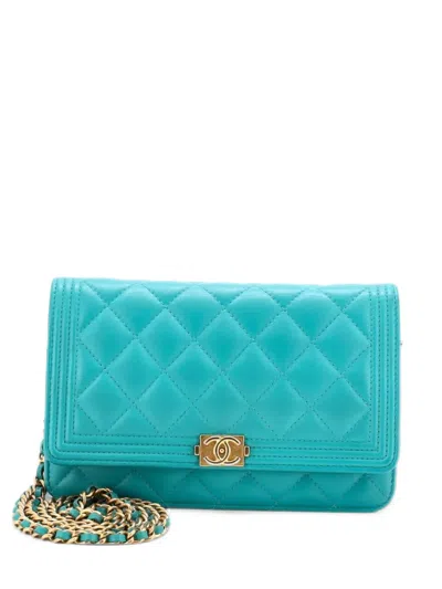 Pre-owned Chanel Boy Wallet On Chain Quilted Lambskin Crossbody Bag In Blue