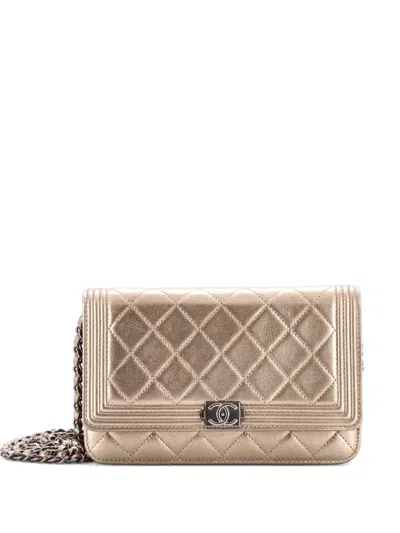 Pre-owned Chanel Boy Wallet On Chain Quilted Metallic Calfskin Crossbody Bag In Gold