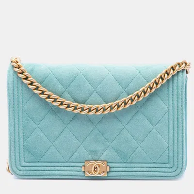 Pre-owned Chanel Boy Wallet On Chain Turquoise Velvet Crossbody Bag In Blue