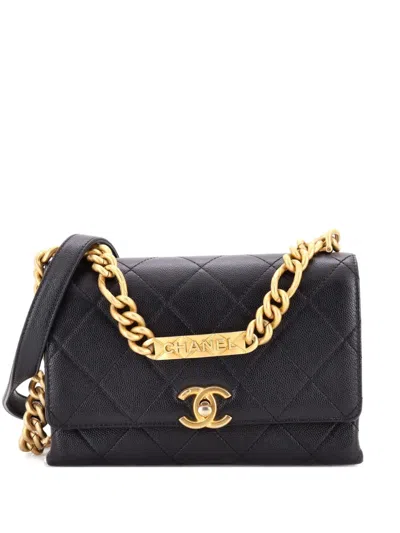 Pre-owned Chanel Bracelet On Chain Flap Bag Quilted Caviar Mini Crossbody Bag In Black