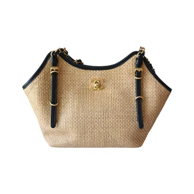 Pre-owned Chanel Braided Raffia Quilted Tweed Shopping Tote Bag Beige