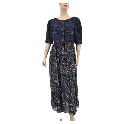 Pre-owned Chanel Braided Trim Tweed Maxi Dress Interlocking Cc Logo Buttons 42 12p 2012 In Black