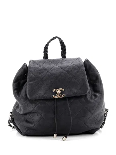 Pre-owned Chanel Braided With Style Drawstring Quilted Grained Calfskin Backpack In Black
