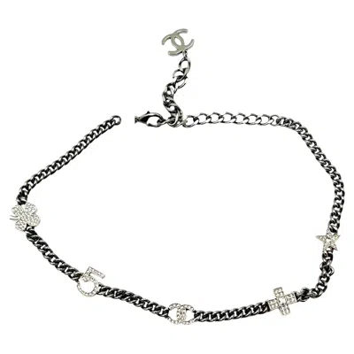 Pre-owned Chanel Brand New Silver 5 Motif Crystal Charms Grey Chain Choker Necklace In Gray