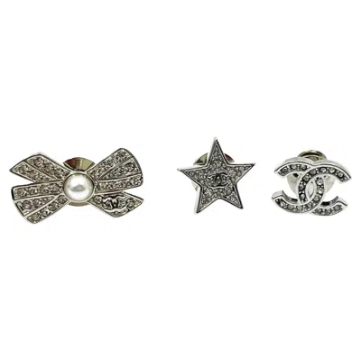 Pre-owned Chanel Brand New Silver Cc Star Bow Crystal 3 Pins Brooch In Multi