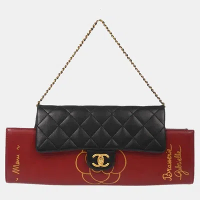Pre-owned Chanel Brasserie Gabrielle Menu Large Burgundy Black Lambskin Clutch Bag