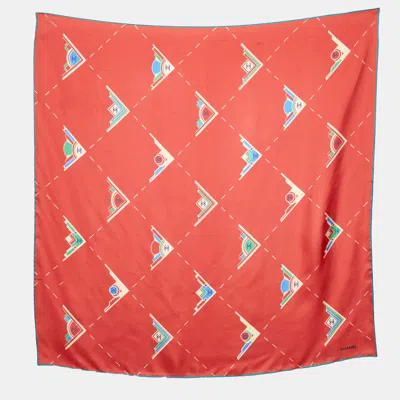 Pre-owned Chanel Brick Red Geometric Cc Print Silk Square Scarf