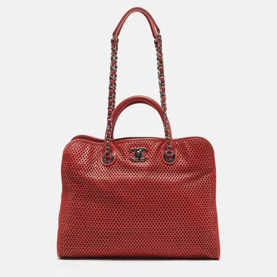 Pre-owned Chanel Brick Red Perforated Leather Up In The Air Tote