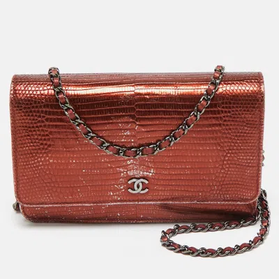 Pre-owned Chanel Bronze Lizard Cc Wallet On Chain In Brown