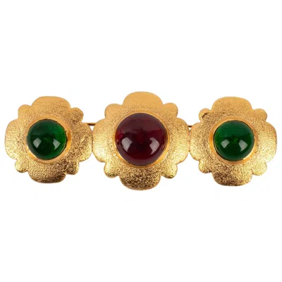 Pre-owned Chanel Brooch In Gold-plated Metal With Three Colored Glass, 1980s In Multi