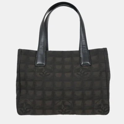 Pre-owned Chanel Brown Black Jacquard Nylon Travel Line Tote Bag