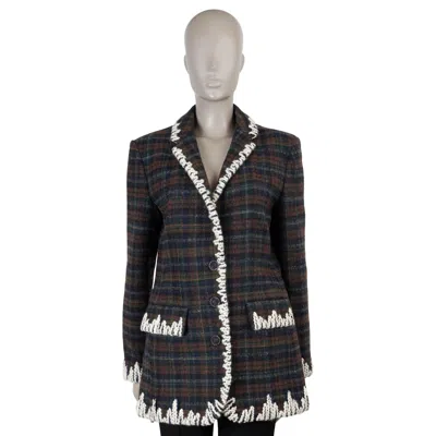 Pre-owned Chanel Brown Blue Wool 19k Embroidered Tweed Jacket 42 L