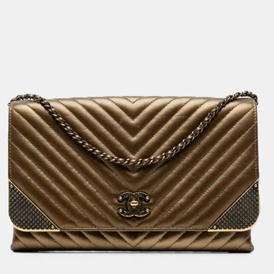 Pre-owned Chanel Brown Calfskin Chevron Rock The Corner Flap
