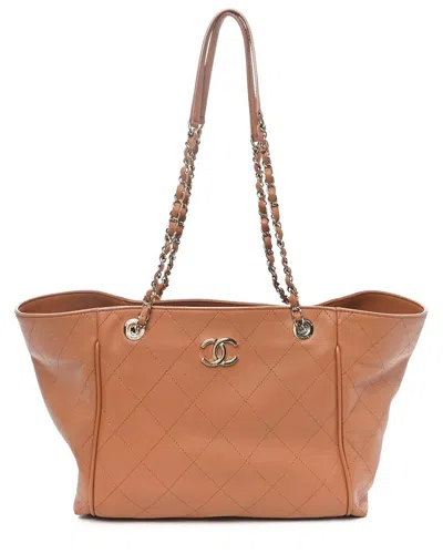 Pre-owned Chanel Brown Calfskin Leather Stitched Small Shopping Tote (authentic Pre-  Loved)