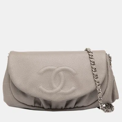 Pre-owned Chanel Brown Cc Caviar Half Moon Wallet On Chain