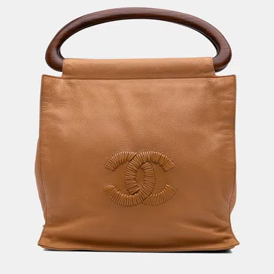 Pre-owned Chanel Brown Cc Grained Calfskin Wooden Handle Tote