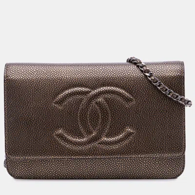 Pre-owned Chanel Brown Cc Metallic Caviar Wallet On Chain