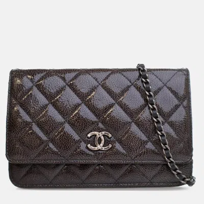 Pre-owned Chanel Brown Cc Quilted Shiny Crumpled Calfskin Wallet On Chain