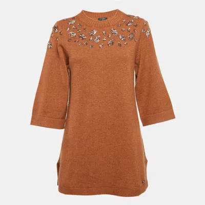 Pre-owned Chanel Brown Embellished Cashmere Knit Tunic Sweater M