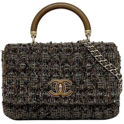 Pre-owned Chanel Brown Gray Tweed Wood Shoulder Bag () In Brown, Gray