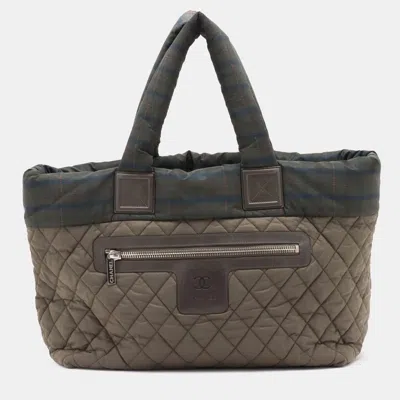 Pre-owned Chanel Brown Green Medium Quilted Nylon Coco Cocoon Tote