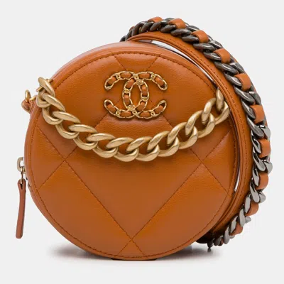Pre-owned Chanel Brown Lambskin 19 Round Clutch With Chain