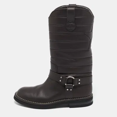 Pre-owned Chanel Brown Leather Star Harness Cc Mid Calf Boots Size 39