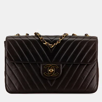 Pre-owned Chanel Brown Maxi Xl Chevron Lambskin Single Flap