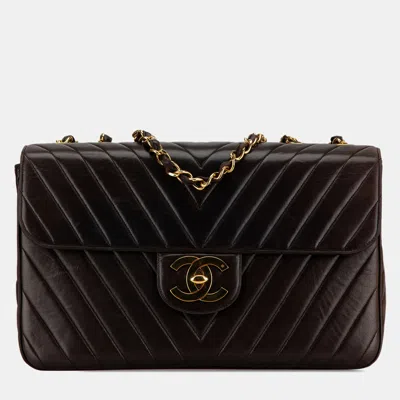 Pre-owned Chanel Brown Maxi Xl Chevron Lambskin Single Flap