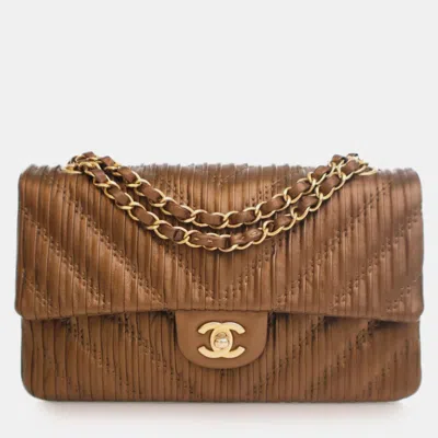 Pre-owned Chanel Brown Medium Classic Chevron Calfskin Pleated Double Flap