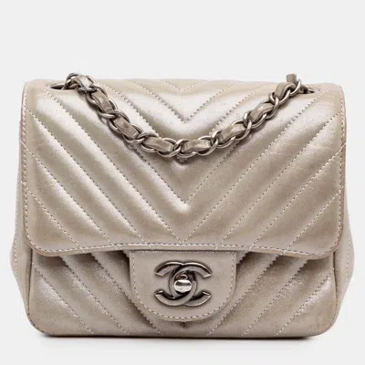 Pre-owned Chanel Brown Mini Square Classic Chevron Iridescent Lambskin Single Flap Bag