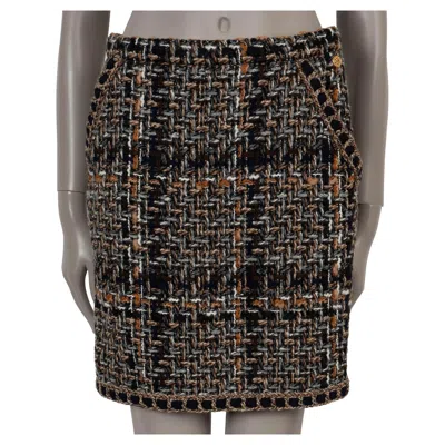 Pre-owned Chanel Brown Navy Beige Wool & Mohair 16a Rome Tweed Mini Skirt 38 S In Blue