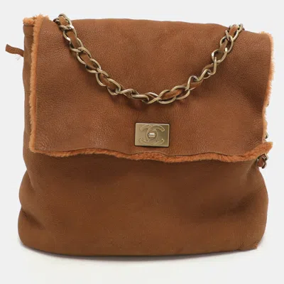 Pre-owned Chanel Brown Nubuck And Shearling Fur Vintage Cc Flap Bag