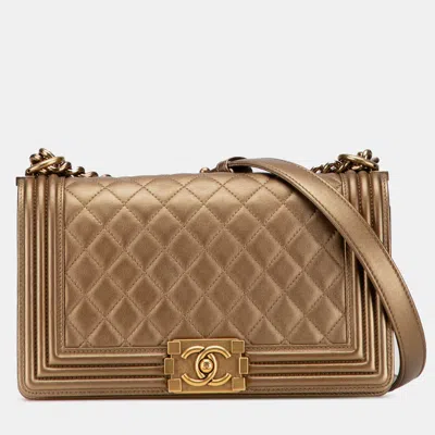 Pre-owned Chanel Brown Old Medium Quilted Metallic Lambskin Boy Flap