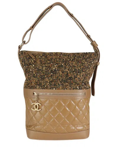 Pre-owned Chanel Brown Quilted Aged Calfskin Leather & Tweed Medium Casual Style Hobo  (authentic Pre-loved)