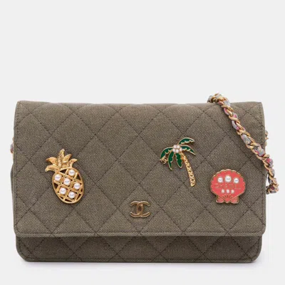 Pre-owned Chanel Brown Quilted Canvas Coco Cuba Charms Wallet On Chain