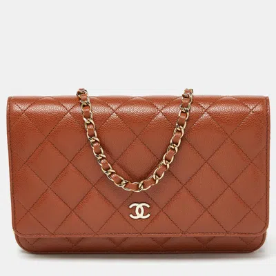 Pre-owned Chanel Brown Quilted Caviar Leather Classic Wallet On Chain