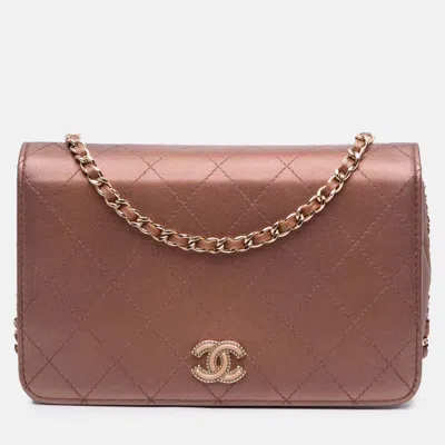 Pre-owned Chanel Brown Quilted Metallic Lambskin Enamel Cc Wallet On Chain