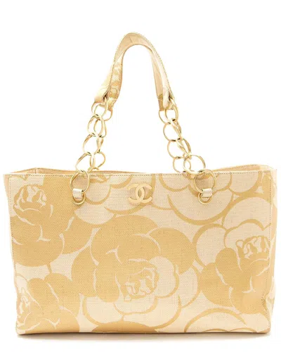 Pre-owned Chanel Brown Raffia Camellia Print Chain Tote (authentic Pre-loved)