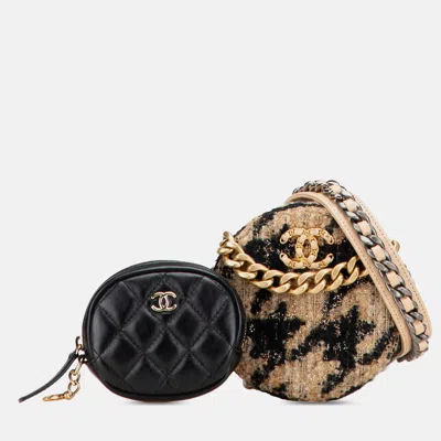 Pre-owned Chanel Brown Tweed 19 Round Clutch With Chain And Coin Purse