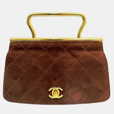 Pre-owned Chanel Brown Velvet Quilted Golden Top Handle Clutch