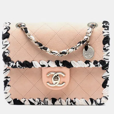 Pre-owned Chanel Brown White Mini Quilted Suede Braided My Own Frame Flap