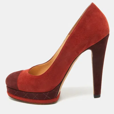 Pre-owned Chanel Brown/burgundy Suede Cc Platform Pumps Size 38