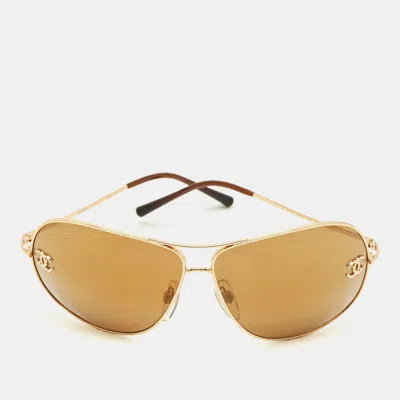 Pre-owned Chanel Brown/gold Tone Cc 4132 Aviators Sunglasses