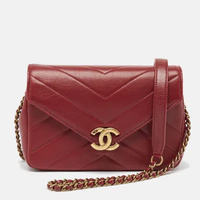 Pre-owned Chanel Burgundy Chevron Leather Coco Envelope Flap Shoulder Bag