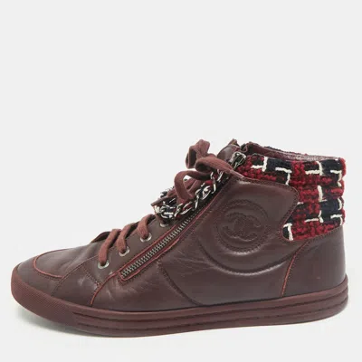 Pre-owned Chanel Burgundy Leather And Twee Cc High Top Sneakers Size 41