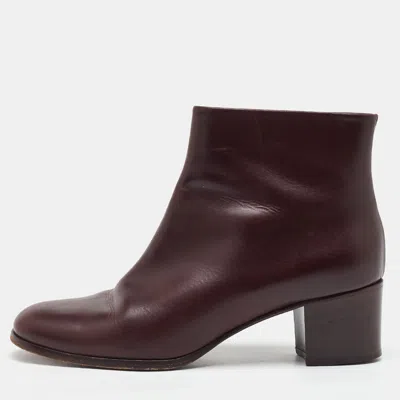 Pre-owned Chanel Burgundy Leather Cc Block Heel Ankle Length Boots Size 41