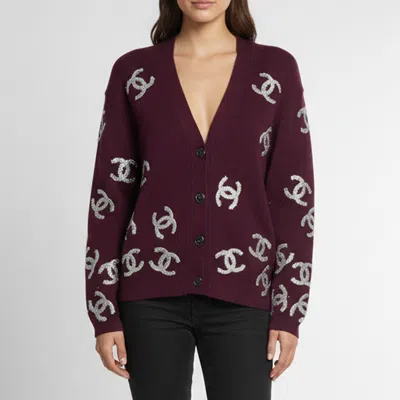 Pre-owned Chanel Burgundy Logo Appliqué Cashmere Knit Cardigan S